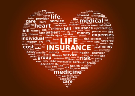 מילים בהקשר של ביטוח חיים כתובים צמוד ויוצרים צורה של לב על רקע אדום