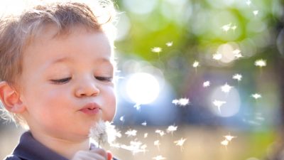 ילד קטן נושף על פרח ומעיף את העלים ברוחק כאילו חושב על חיסכון לטווח ארוך לילדים